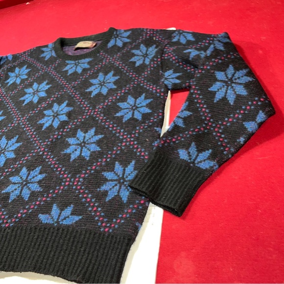 Snowflakes blue FAIR ISLE Black purple WOOL Sweater Geometric mens Medium 90s M - Picture 9 of 13